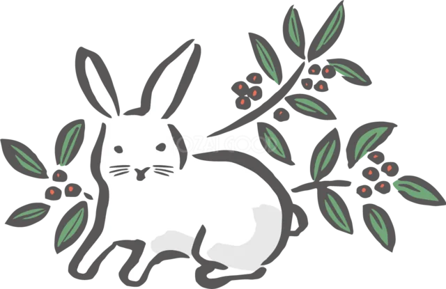 赤い実と緑の葉に囲まれて伏せる白うさぎイラスト（背景透過PNG）