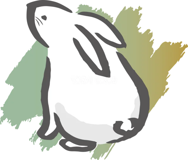 緑と黄色の筆跡を背景に見上げる白うさぎイラスト（背景透過PNG）