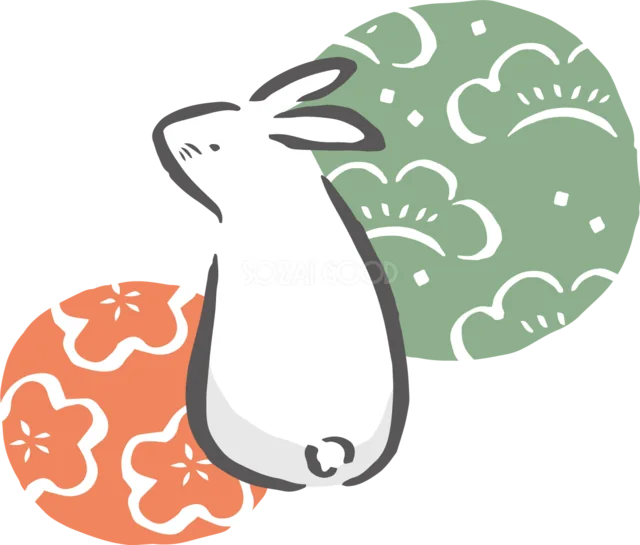 和柄の丸を背景に横向きで座る白うさぎイラスト（背景透過PNG）