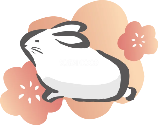 梅の花と淡い丸に囲まれて寝そべる白うさぎイラスト（背景透過PNG）
