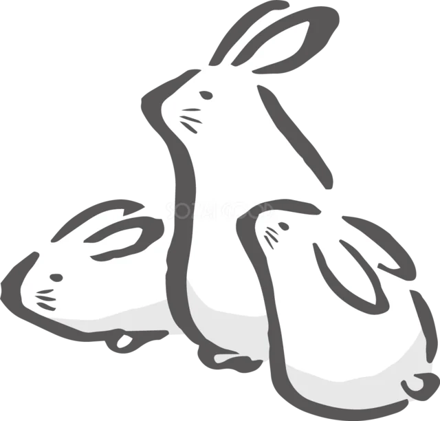 3羽の白うさぎが仲良く並んで座る筆描き風イラスト（背景透過PNG）