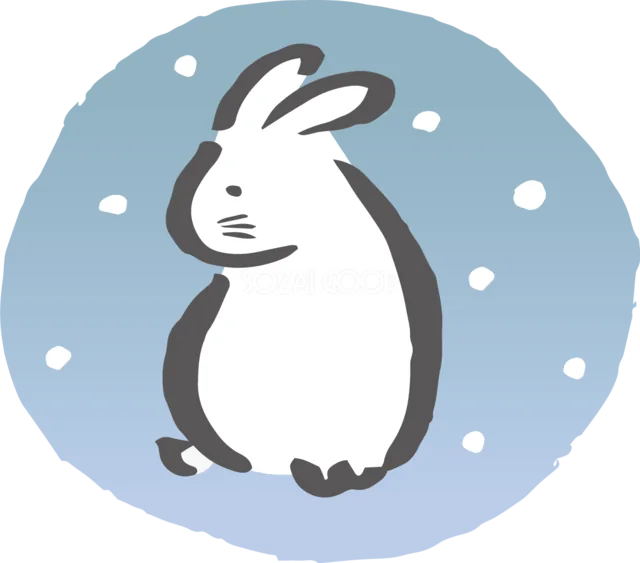 雪の降る青い円の中でおすわりする白うさぎイラスト（背景透過PNG）