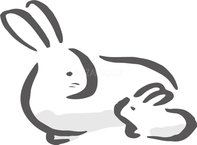 寝そべる親うさぎと寄り添う子うさぎのイラスト（背景透過PNG）