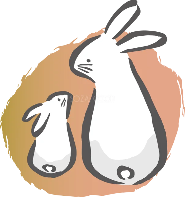 オレンジ色の筆跡を背景に親子で立つ白うさぎイラスト（背景透過PNG）