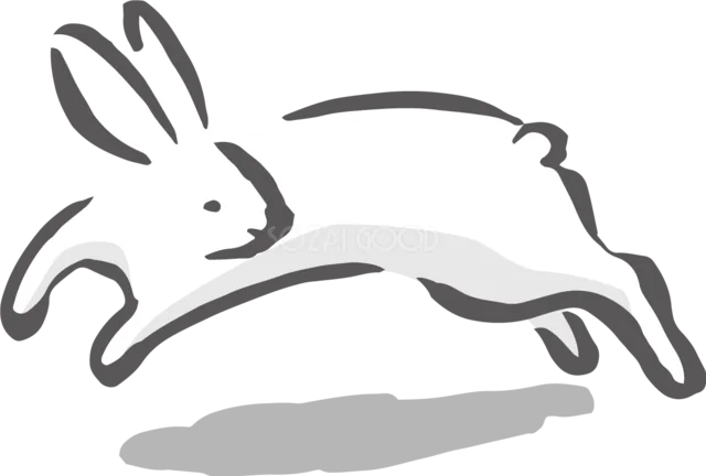 前足を伸ばして駆ける白うさぎの筆描き風イラスト（背景透過PNG）