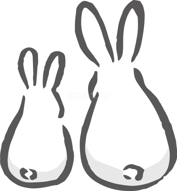 後ろ姿で仲良く並ぶ大小2羽の白うさぎイラスト（背景透過PNG）