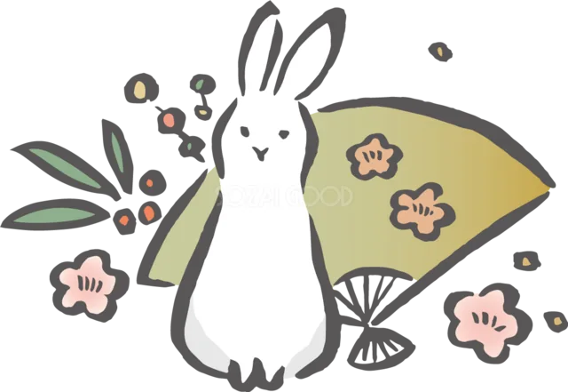 扇と梅の花・赤い実を添えた白うさぎの和風イラスト（背景透過PNG）