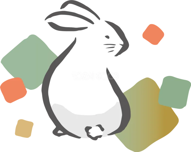 和色の四角模様を背景に座る白うさぎイラスト（背景透過PNG）