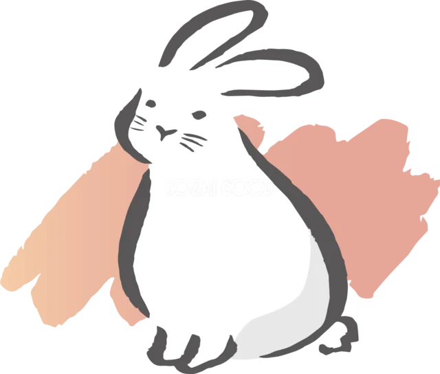 淡い赤の筆跡を背景に正面を向く白うさぎイラスト（背景透過PNG）