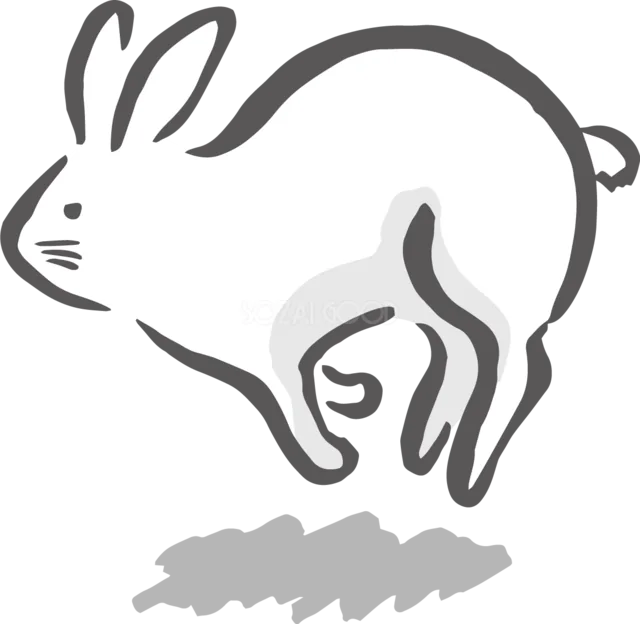 前足を丸めて飛び跳ねる白うさぎの筆描き風イラスト（背景透過PNG）