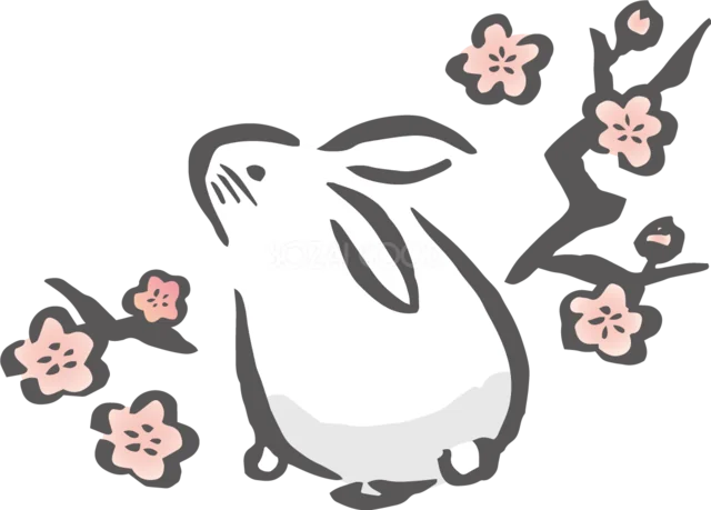 梅の花を見上げる白うさぎの和風イラスト（背景透過PNG）