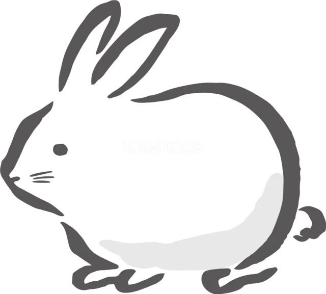 丸い体で横を向いて座る白うさぎの筆描き風イラスト（背景透過PNG）
