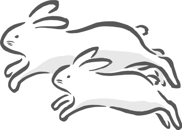並んで走る2羽の白うさぎの筆描き風イラスト（背景透過PNG）