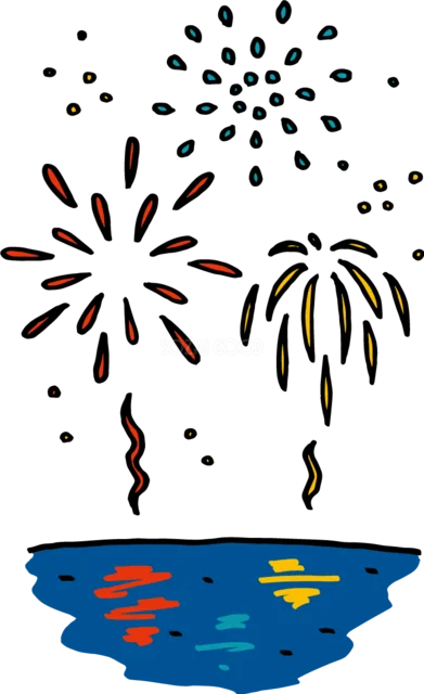水面に映る赤・青・黄色の打ち上げ花火イラスト（背景透過PNG）