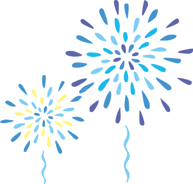 青と黄色の花火が2輪打ち上がる夏祭りイラスト（背景透過PNG）