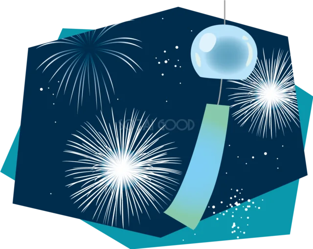 風鈴と白い花火を夜空の和柄に描いた夏イラスト（背景透過PNG）