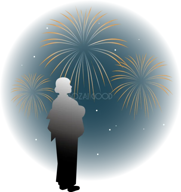 夜空の大きな花火を見上げる人物の夏祭りイラスト（背景透過PNG）