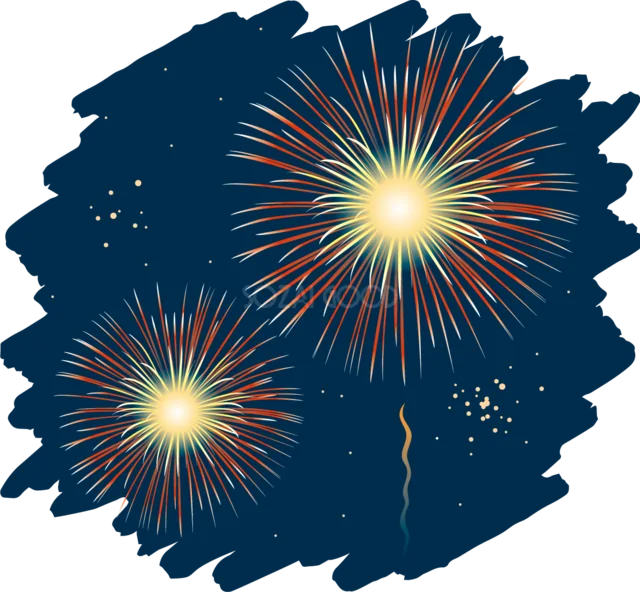 紺色の手描き背景に赤と青の花火が上がる夏イラスト（背景透過PNG）