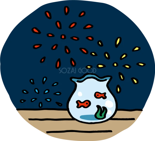 金魚鉢越しに夜空の花火を眺める夏の風景イラスト（背景透過PNG）