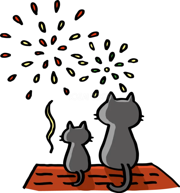 屋根の上で花火を眺める猫の親子のかわいい夏イラスト（背景透過PNG）