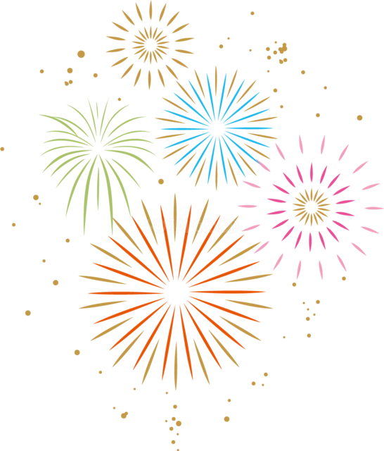 繊細な線で描いた色とりどりの打ち上げ花火イラスト（背景透過PNG）