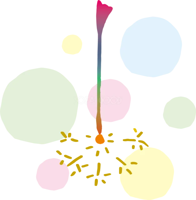 淡い水彩の丸と線香花火を組み合わせた夏イラスト（背景透過PNG）