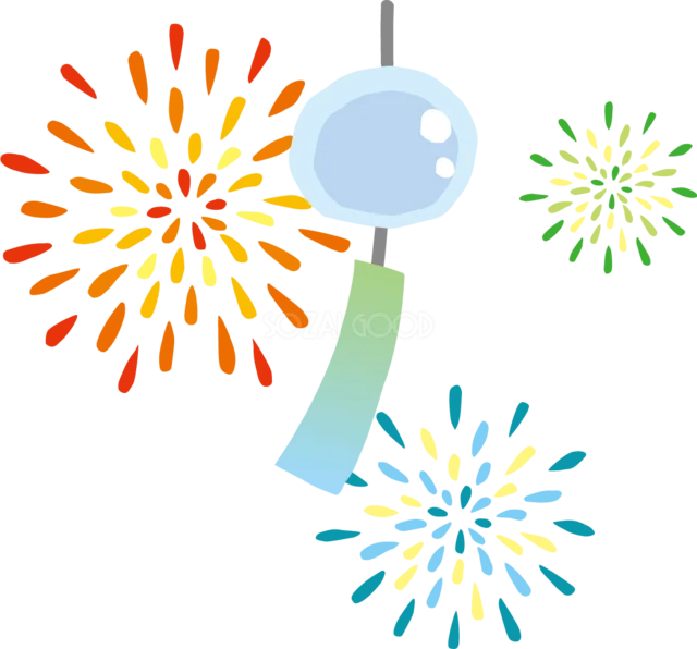 風鈴とカラフルな花火を組み合わせた涼しげな夏イラスト（背景透過PNG）