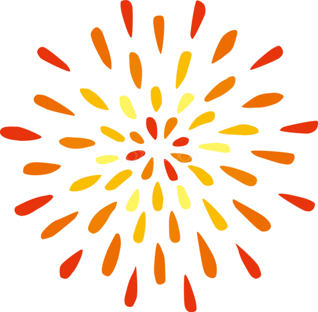 赤・オレンジ・黄色の大きな打ち上げ花火イラスト（背景透過PNG）