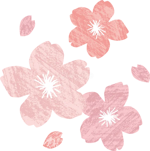 クレヨン風の桜と花びらをふんわり散らした春イラスト（背景透過PNG）