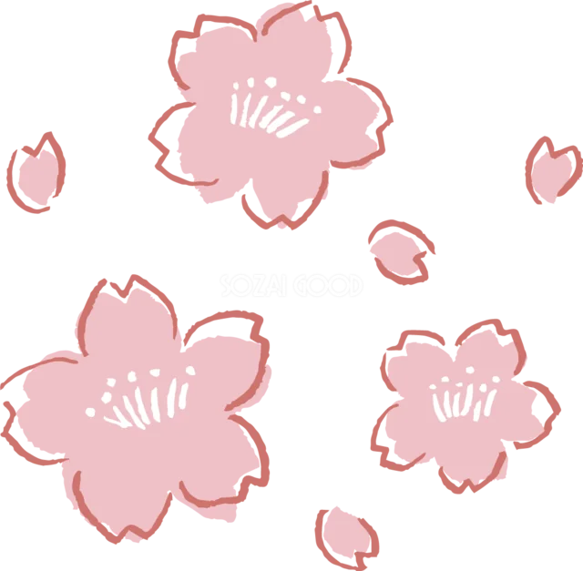 赤い線画の桜と舞う花びらを散らした春イラスト（背景透過PNG）