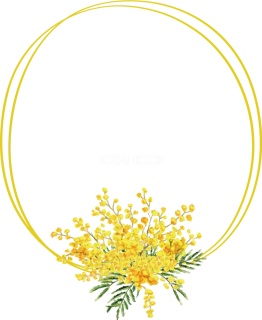 ミモザの花束を下部に飾った二重線のゴールド丸型フレーム（背景透過PNG）