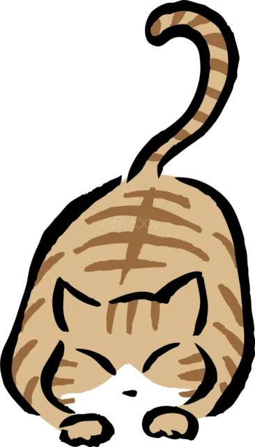 頭を下げて伸びをする茶トラ猫（背景透過PNG）