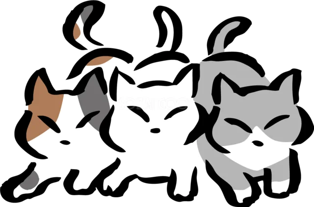 身を寄せて並ぶ三毛猫・白猫・グレー猫（背景透過PNG）