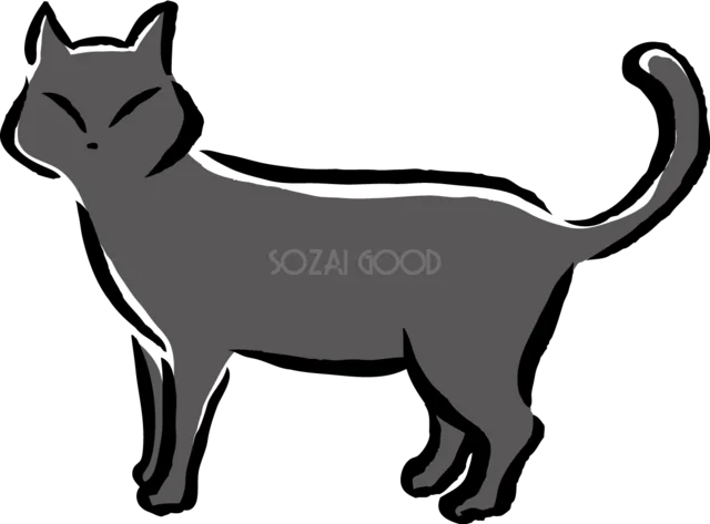 尻尾を上げて立つ黒猫（背景透過PNG）