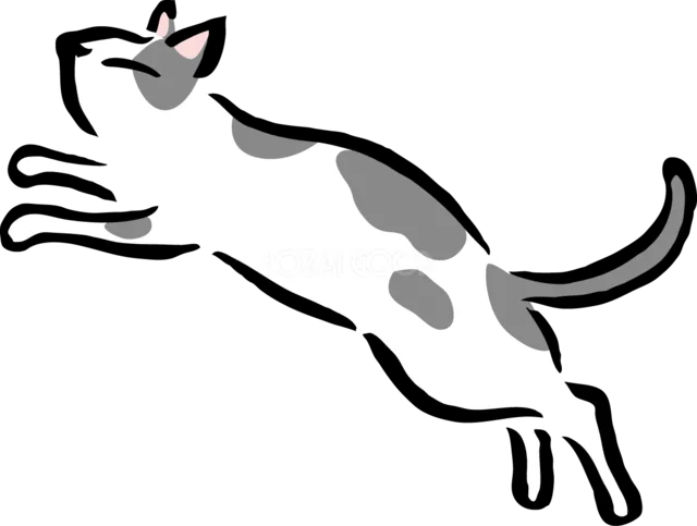 前足を伸ばして飛び跳ねるグレー猫（背景透過PNG）