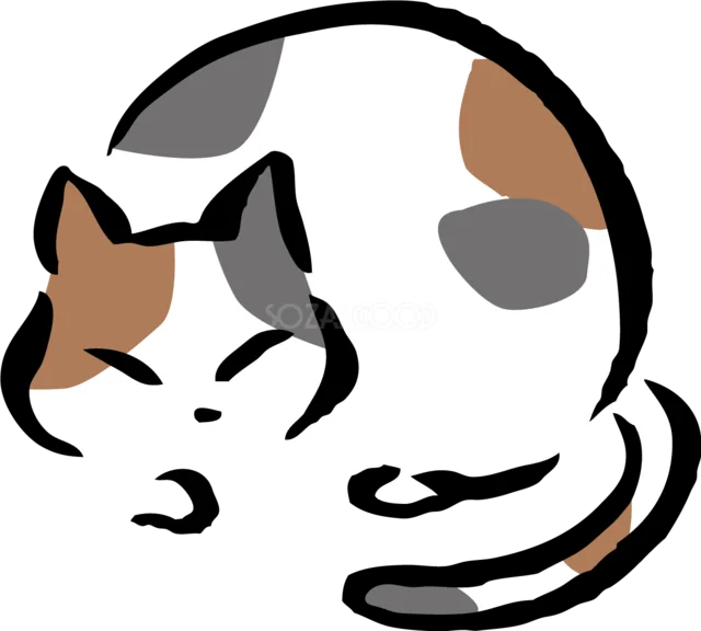 丸くなって眠る三毛猫（背景透過PNG）