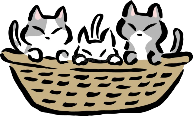 かごに入ったグレー猫2匹と白いうさぎ（背景透過PNG）