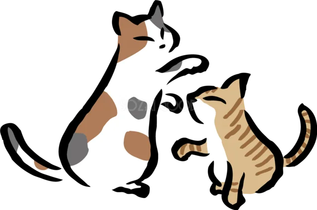 三毛猫と向かい合って遊ぶ茶トラの子猫（背景透過PNG）