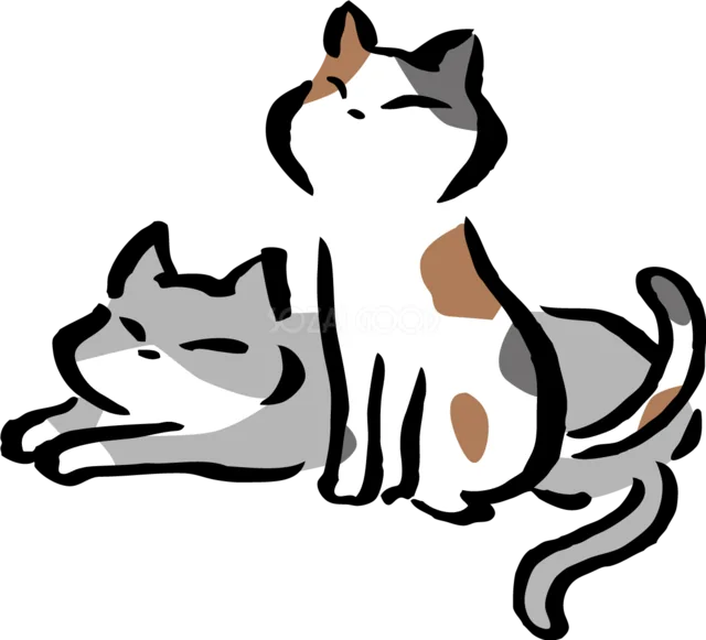 仲良く並ぶグレー猫と三毛猫（背景透過PNG）