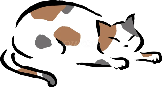 前足を伸ばして伏せる三毛猫（背景透過PNG）