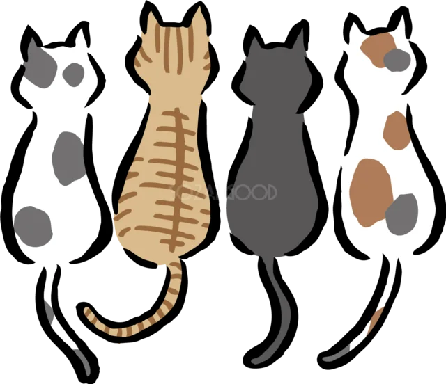 5匹の猫が並んで座る後ろ姿（背景透過PNG）