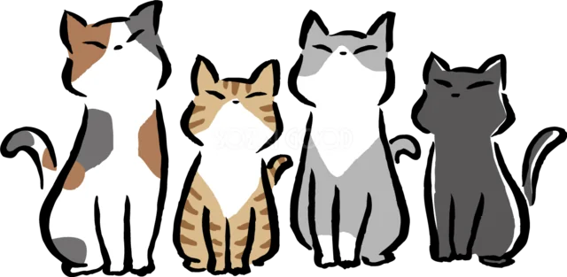 三毛・茶トラ・白・黒の猫4匹が並ぶ姿（背景透過PNG）
