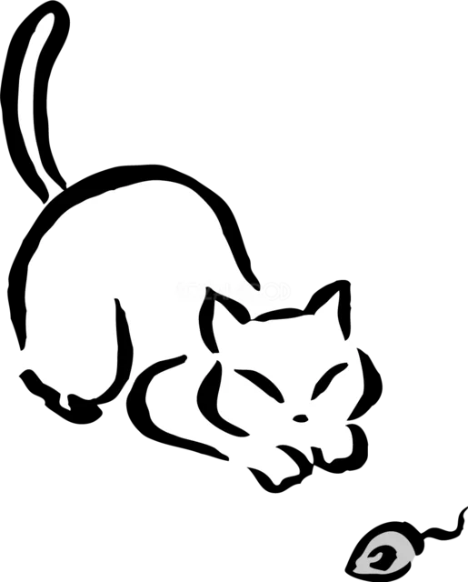 ねずみのおもちゃを狙って遊ぶ白猫のかわいいイラスト（背景透過PNG）