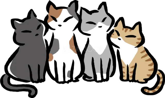 黒猫・三毛猫・白猫・茶トラ猫が仲良く並ぶイラスト（背景透過PNG）