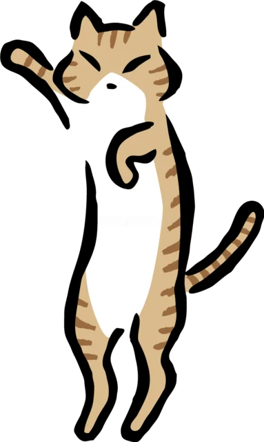 後ろ足で立って片手を上げる茶トラ猫のイラスト（背景透過PNG）