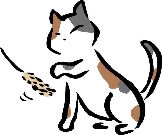 猫じゃらしに手を伸ばして遊ぶ三毛猫のイラスト（背景透過PNG）