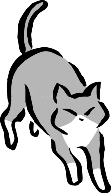 背中を丸めて伸びをするグレー猫のイラスト（背景透過PNG）