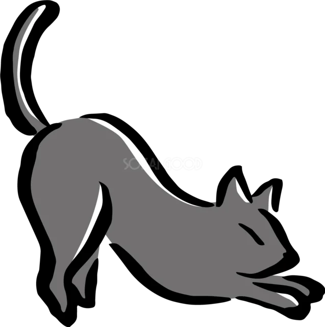 前足を伸ばして大きく伸びをする黒猫のイラスト（背景透過PNG）