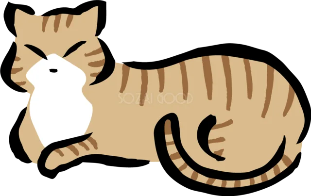 横向きに寝そべる茶トラ猫のかわいいイラスト（背景透過PNG）