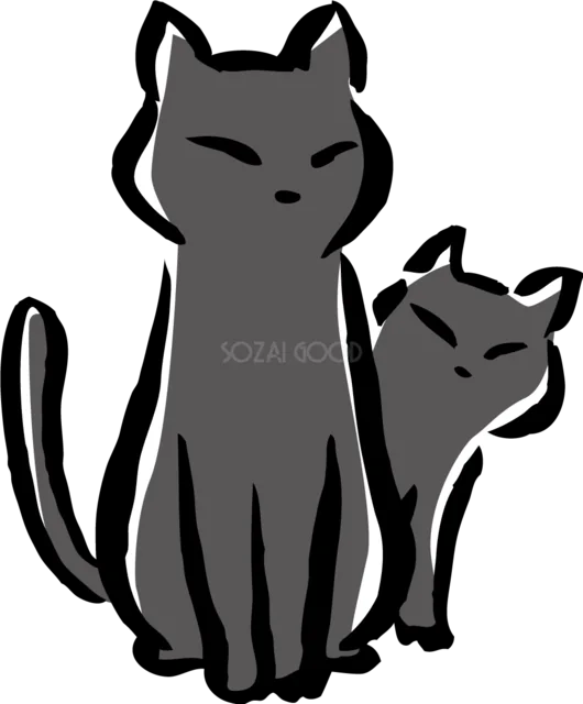 寄り添っておすわりする黒猫の親子イラスト（背景透過PNG）